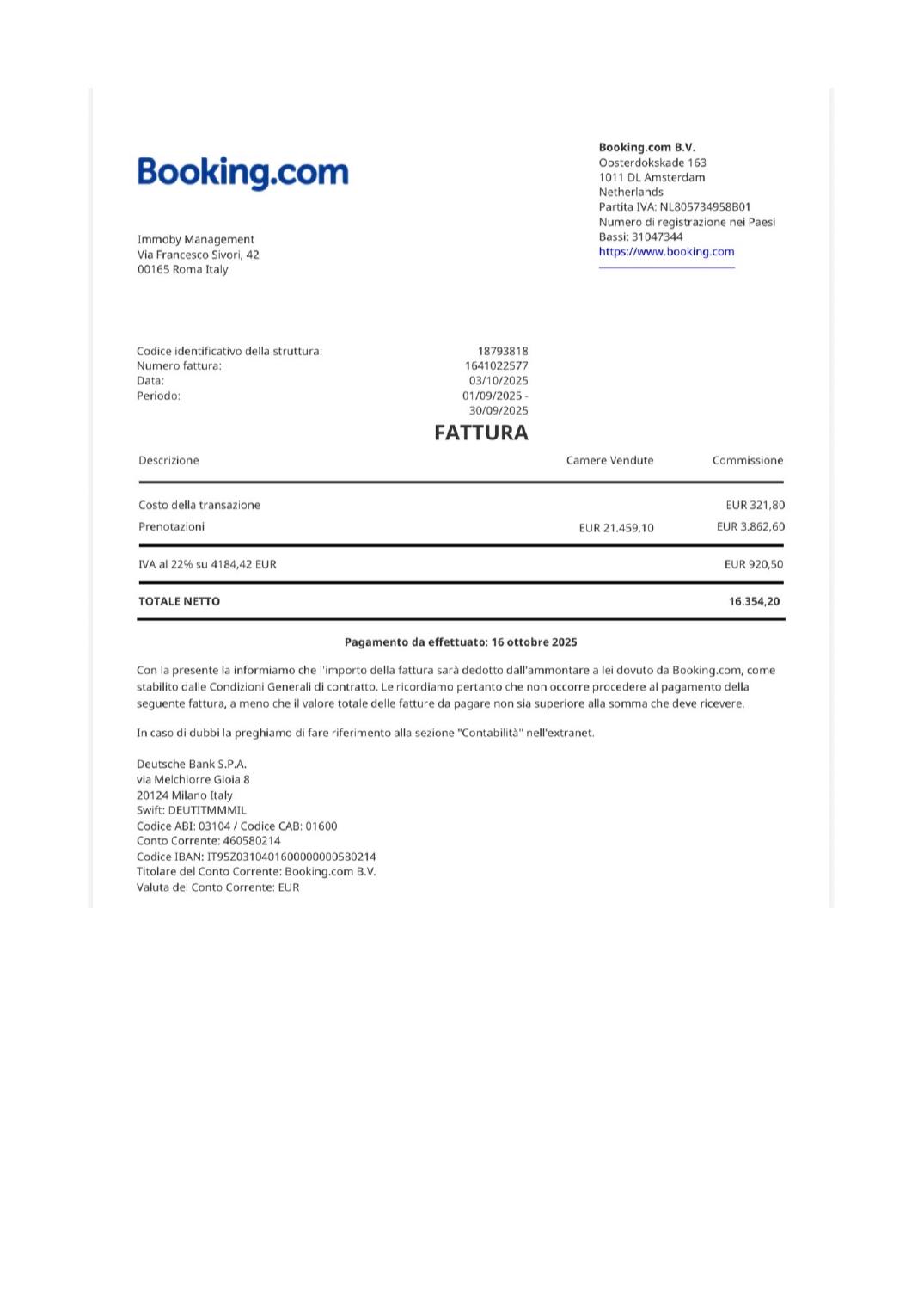 Fattura Booking.com originale completa relativa alla struttura di Francesco